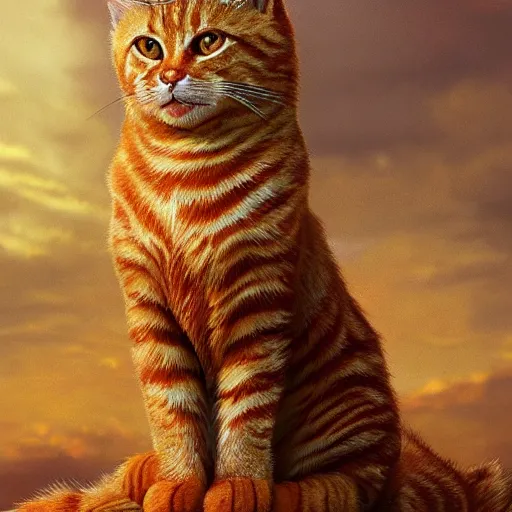 Image similar to colossal orange royal king tabby cat wearing an intricate detailed golden crown, golden hour, fantasy, vivid colors, sharp focus, digital art, hyper - realistic, 4 k, unreal engine, highly detailed, hd, dramatic lighting by brom, trending on artstation