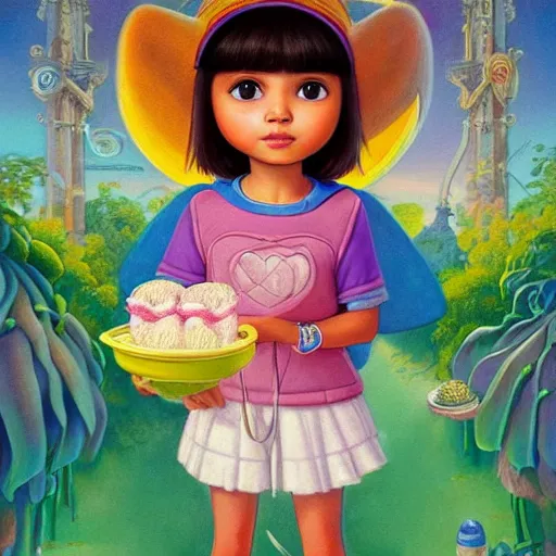 Prompt: portrait of dora the explorer as real girl holding ice cream, detailed, intricate complex background, Pop Surrealism lowbrow art style, mute colors, soft lighting, by Mark Ryden and mucha, artstation cgsociety