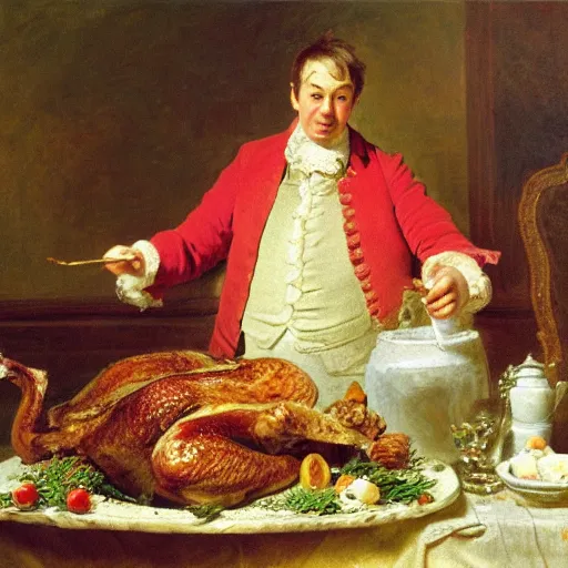 Image similar to british comedian david mitchell eats a turkey for christmas, oil on canvas, by jean honore fragonard