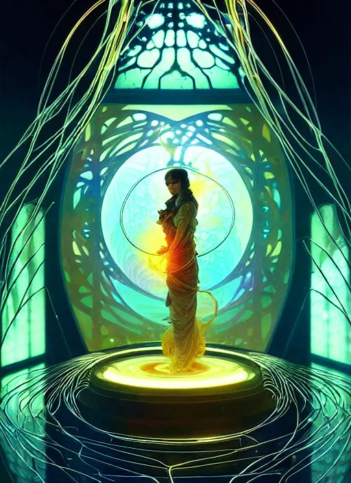 Image similar to high depth, inside fractals!! calm, healing, resting, life, hybrids, scifi, glowing lights!!, published concept art, mixed medias, image overlays, sharp focus, thin glowing wires, winning illustration, art by greg rutkowski and alphonse mucha, singularity!!!, 3 6 0 projection