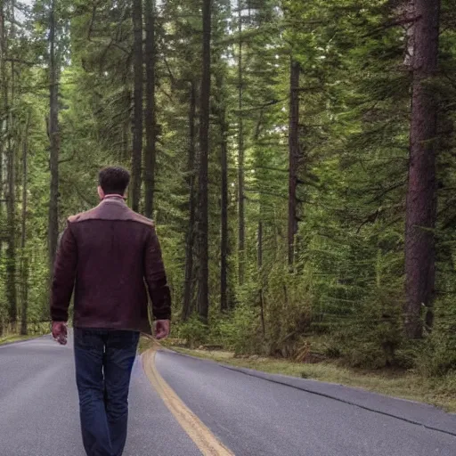 Prompt: Dean Winchester standing on the road in a pine forrest, photo, 4k, high detailed,