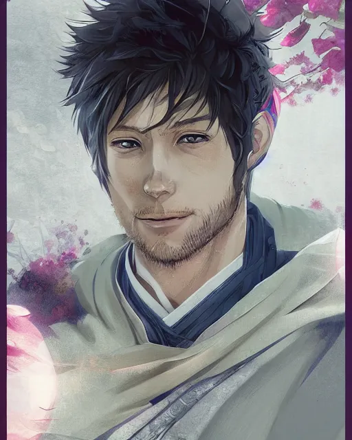 Image similar to an anime portrait of jensen ackles as a beautiful man wearing a kimono from skyrim, by stanley artgerm lau, wlop, rossdraws, james jean, andrei riabovitchev, marc simonetti, and sakimichan, trending on artstation