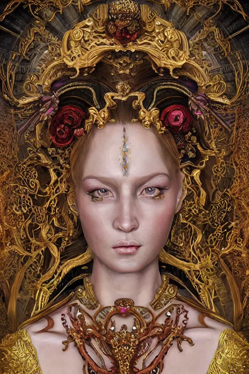 Image similar to hyper-realistic ultra-detailed maximalist and dramatic elegant luxury beautiful young empress portrait by igor goryunov and heidi taillefer inspired by andrei riabovitchev and patricio clarey Rendered by binx.ly 8k. Generative art. Fantastic realism. Scifi feel. Extremely Ornated. Intricate and omnious. Tools used: Blender Cinema4d Houdini3d zbrush. Unreal engine 5 Cinematic. Beautifully lit. No background. artstation. Deviantart. CGsociety.