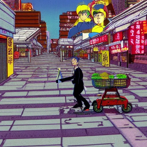 Prompt: man pushing a cart uphill in ulan bataar, sprite, vaporwave nostalgia, directed by beat takeshi, visual novel cg, 8 0 s anime vibe, kimagure orange road, maison ikkoku, initial d, sketch by osamu tezuka, directed by hideki anno