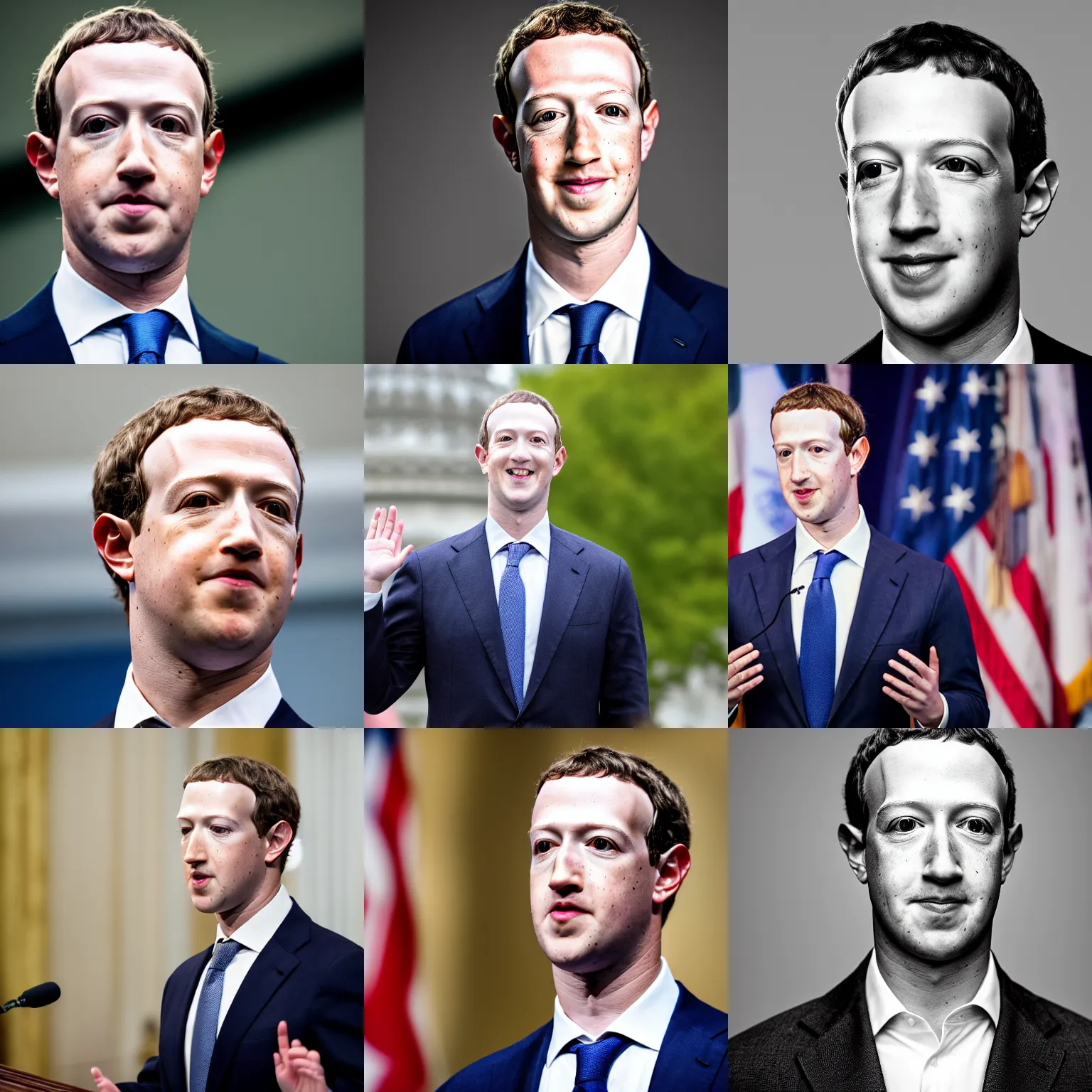 Prompt: headshot of Mark Zuckerberg as the president of the united taking the oath of office, EOS-1D, f/1.4, ISO 200, 1/160s, 8K, RAW, unedited, symmetrical balance, in-frame, Photoshop, Nvidia, Topaz AI