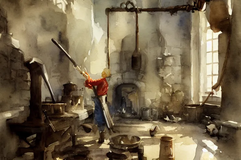 Prompt: small centered on watercolor paper, paint brush strokes, abstract watercolor painting of dirty medieval blacksmith with apron and hammer, anvil, furnace, kiln, cinematic light, national romanticism by hans dahl, by jesper ejsing, by anders zorn, by greg rutkowski, by greg manchess, by tyler edlin