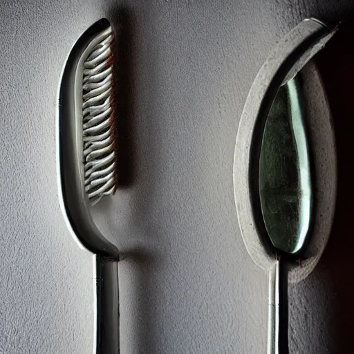 Image similar to medieval toothbrush, dramatic light, reflective, clear, museum exposition