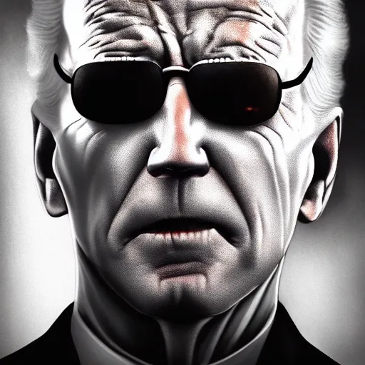 Image similar to joe biden as an evil T-800, dramatic lighting, cinematic, establishing shot, extremly high detail, photorealistic, cinematic lighting, artstation, style by James Gurney