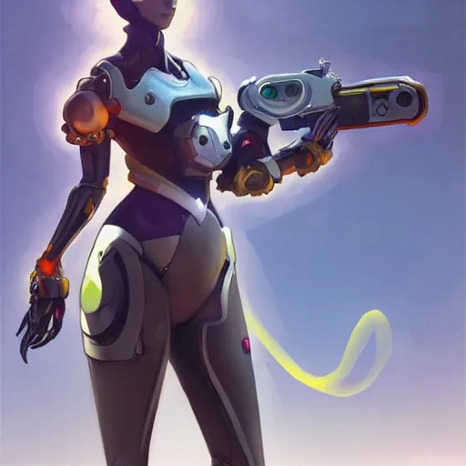 Prompt: concept art, Anthropomorphic humanoid robot penguin, Overwatch character, art by Artgerm and Greg Rutkowski and Alphonse Mucha