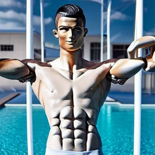 Image similar to a realistic detailed photo of a guy who is an attractive humanoid who is half robot and half humanoid, who is a male android, soccer player cristiano ronaldo, shiny skin, posing like a statue, blank stare, by the pool, on display, showing off his muscles, humanoid robot, mannequin challenge