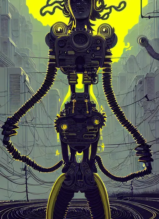 Image similar to highly detailed portrait of wasteland punk long curly bright yellow and white plasma electricity hair tribal lady, stray electric spark wiring by atey ghailan, james gilleard, by joe fenton, by greg rutkowski, by greg tocchini, by kaethe butcher, 4 k resolution, gradient yellow, black and white color scheme!!! ( ( lightning cloudy robotic dystopian city background ) )