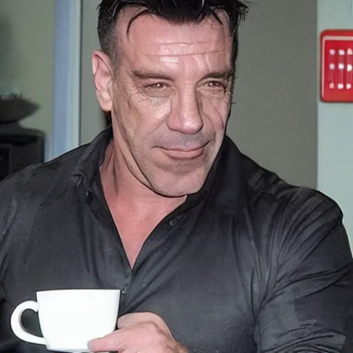 Prompt: Till Lindemann as The Punisher sipping coffee