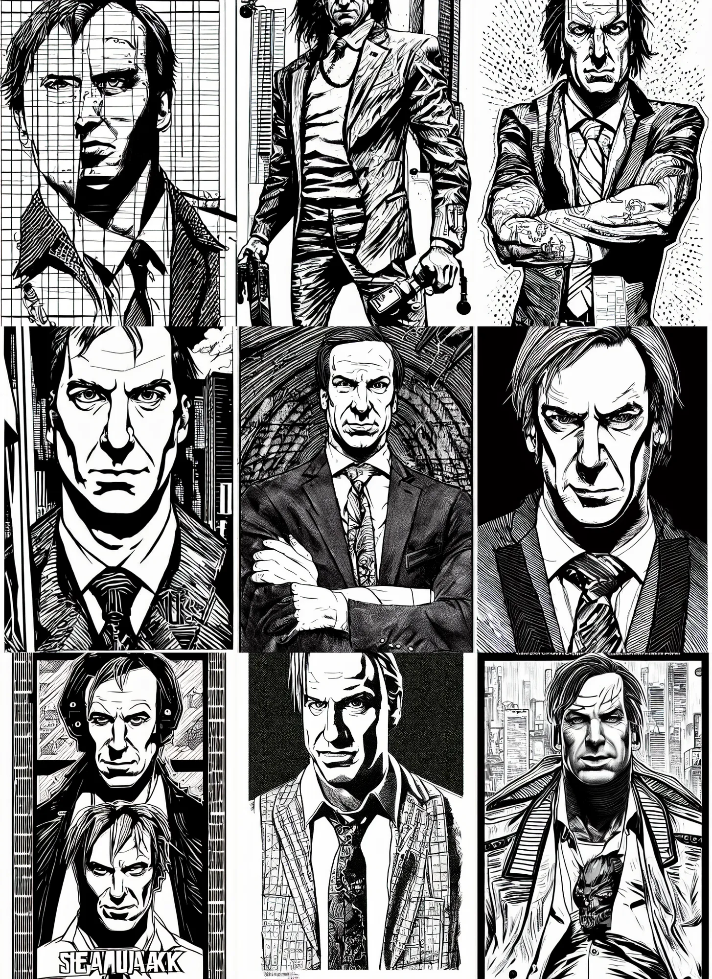 Prompt: saul goodman, portrait, cyberpunk 2 0 2 0 manual, by steampoweredmikej, inktober, ink drawing, black and white, coloring pages, manga, highly detailed