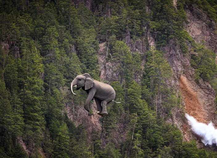 Image similar to dslr photo still of an elephant leaping off a mountain flying through the air, 4 k, 1 2 0 mm f 1 6