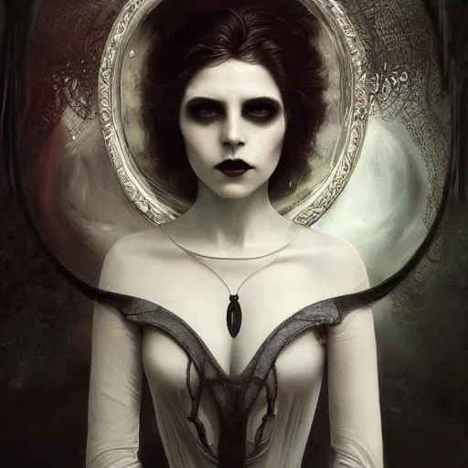 Prompt: By Tom Bagshaw, ultra realist soft painting render of a beautiful face horned single porcelain female in long curvy gothic dress, looking inside an octane render of a floating transparent glass sphere with a lord of the dead skull portrait, reflection and refraction, symmetry accurate features, very intricate details, deep fog, dark fantasy background, artstation