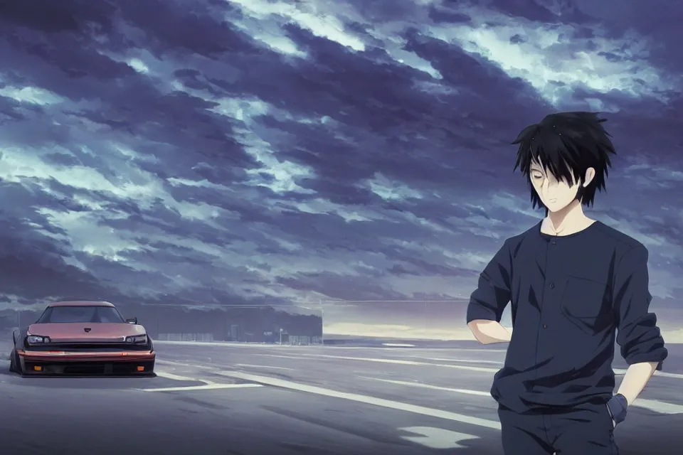 Image similar to aesthetic illustration of ryosuke takahashi with black hair wearing a dark blue shirt standing near white mazda rx 7 on an empty highway at dusk, cinematic lighting, initial d anime 1 0 8 0 p, detailed anime face, high detail, 9 0 s anime aesthetic, volumetric lights, unreal engine 5 render, pinterest wallpaper, trending on artstation