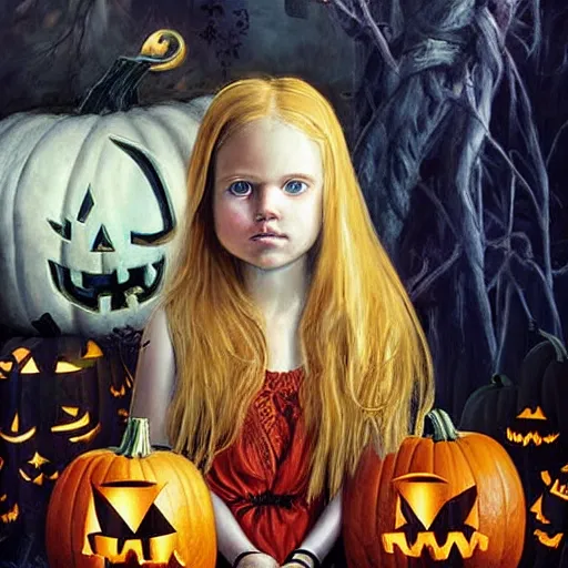 Prompt: a little girl with long golden blonde hair and blue eyes sitting amidst halloween decor, pumpkins, skulls. beautiful painting by raymond swanland and magali villanueve, beautiful detailed face.