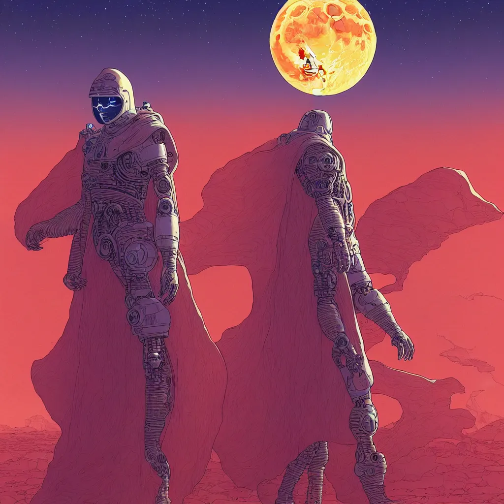 Prompt: a cyborg dressed in a large cloak walking through a dangerous desert, guardian of the moon, night. close up, in the center, centered, epic, intrincate volumetric, by moebius, jean giraud & kilian eng moebius style