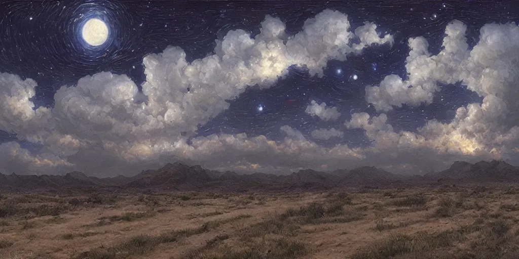 Image similar to the cloudy moonlit sky, landscape art by donato giancola and greg rutkowski, digital art, trending on artstation, symmetry!!, volumetric lighting, hdr, high contrast starry night