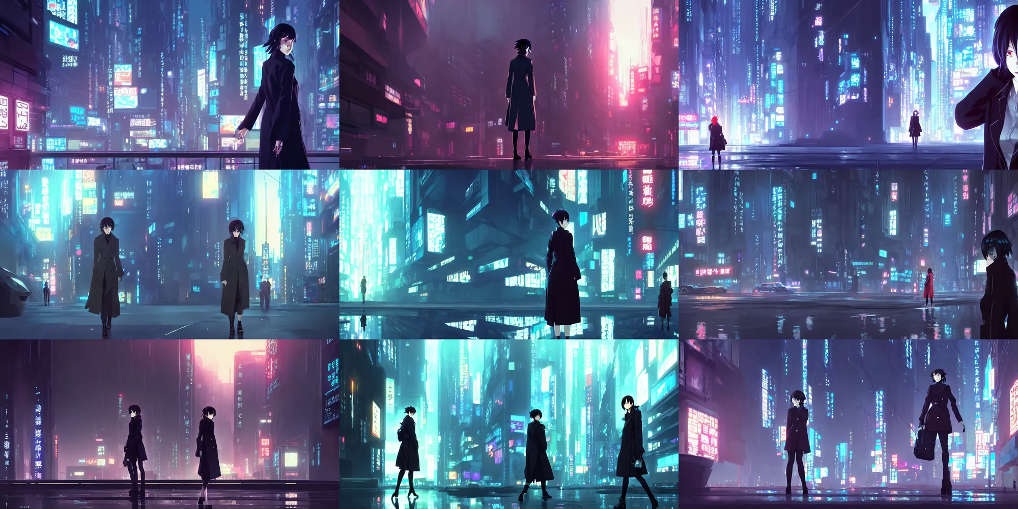 Prompt: a high definition screenshot from the detective ( noir ) cyberpunk anime film ; a female detective in a trenchcoat investigates a dreamworld, digital painting by makoto shinkai and martin ansin, surrealism, trending on artstation