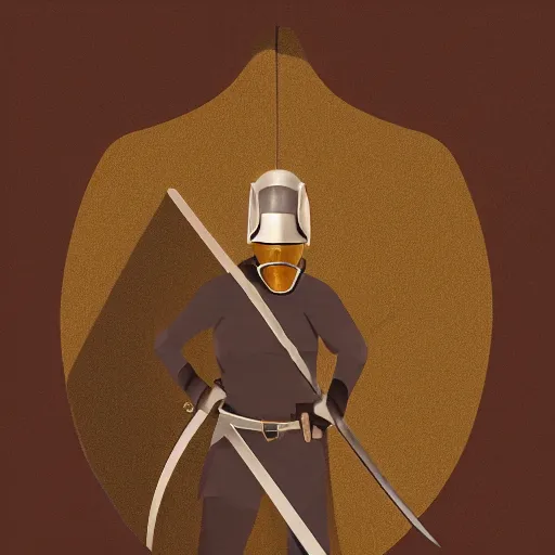 Prompt: man with sword, digital illustration, richard kane - ferguson, helmet, shield, sepia tone, golden hour, windy, gouache, wavy