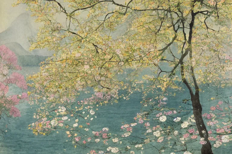 Image similar to an ultradetailed landscape painting of westlake in china hangzhou, light yellow may flowers blossoms nearby, autumn wind, chinese water color, smooth, sharp focus, illustration, by hilma af klint