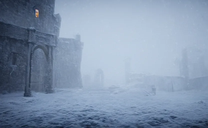 Image similar to King's Landing in the snowstorm at night, doomy, Unreal Engine, cinematic photography, highly-detailed, games of thrones, HBO, high resolution, 8k, photorealistic, stunning volumetric lighting