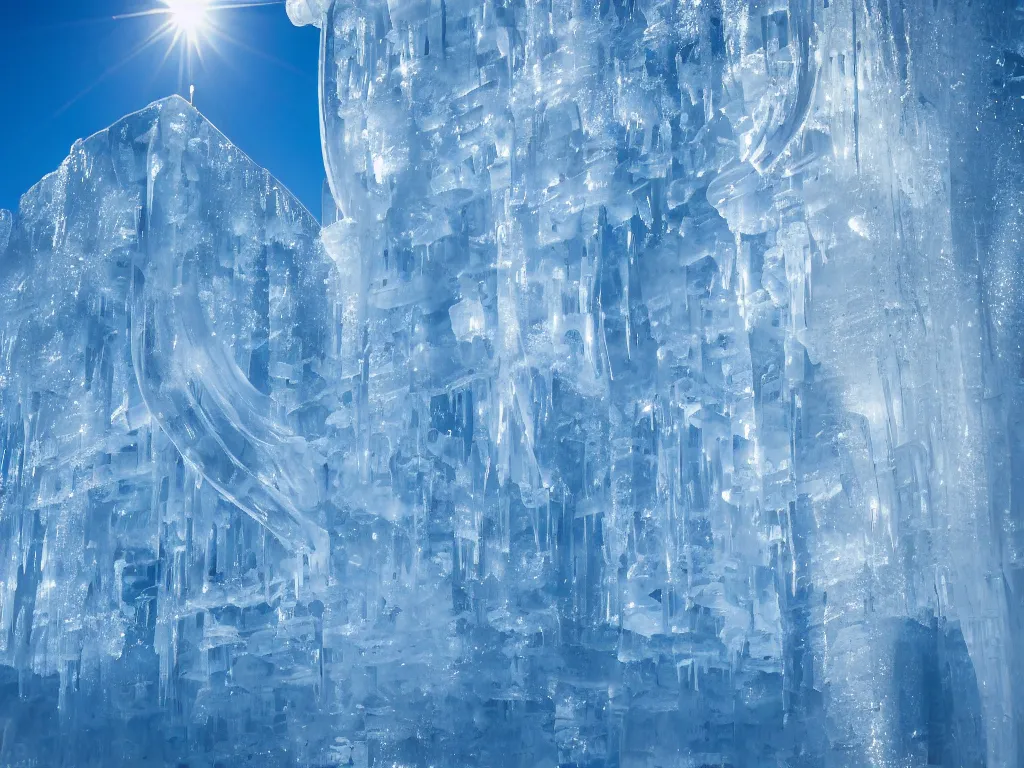 Image similar to cinestill of a huge backlit ice sculpture in the sahara desert, morning light, breathtaking, high definition photograph by national geographic