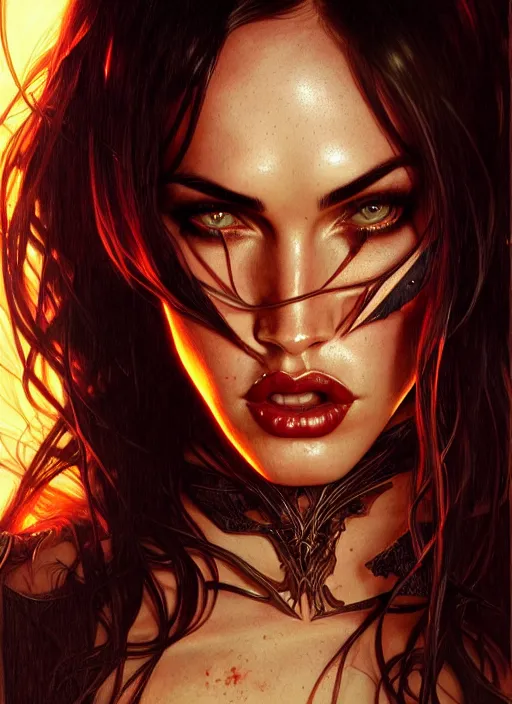 Image similar to portrait of megan fox as demon, batwings, hell, intricate, headshot, highly detailed, digital painting, artstation, concept art, sharp focus, cinematic lighting, illustration, art by artgerm and greg rutkowski, alphonse mucha, cgsociety