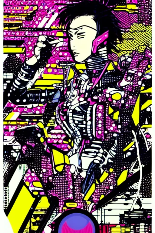 Image similar to futuristic japanese cyberpunk by roy lichtenstein, by andy warhol, ben - day dots, pop art, bladerunner pixiv contest winner, cyberpunk style, cyberpunk color scheme, mechanical, high resolution, hd