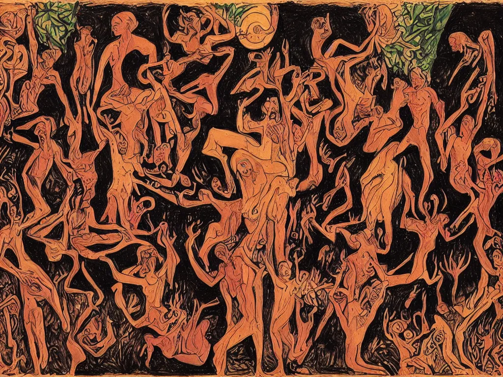 Image similar to a satanic ritual intervening by Ayahuasca Mother, very detailed, Harlem Renaissance style, award-winning