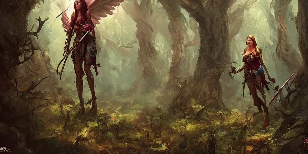 Image similar to a female angel warrior reigns on a magical forest, marc simonetti, detailed, artstation