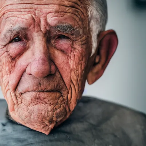 Prompt: portrait of an elderly man with a mullet haircut, canon eos r 3, f / 1. 4, iso 2 0 0, 1 / 1 6 0 s, 8 k, raw, unedited, symmetrical balance, wide angle