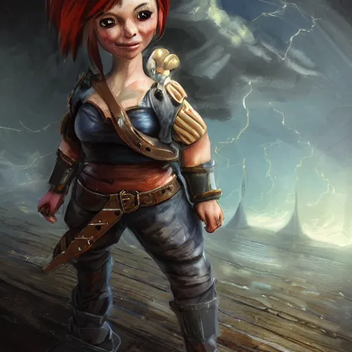 Image similar to realistic full body portrait of a real-life scrappy female gnome engineer with pixie undercut hair, one of her arms is a prosthetic metal thunder gauntlet, standing on a ship deck, thunder fantasy magic, naval background, D&D, highly detailed, digital painting, HD, trending on ArtStation, dark fantasy, great composition, concept art, matte, sharp focus, illustration, by Greg Rutkowski