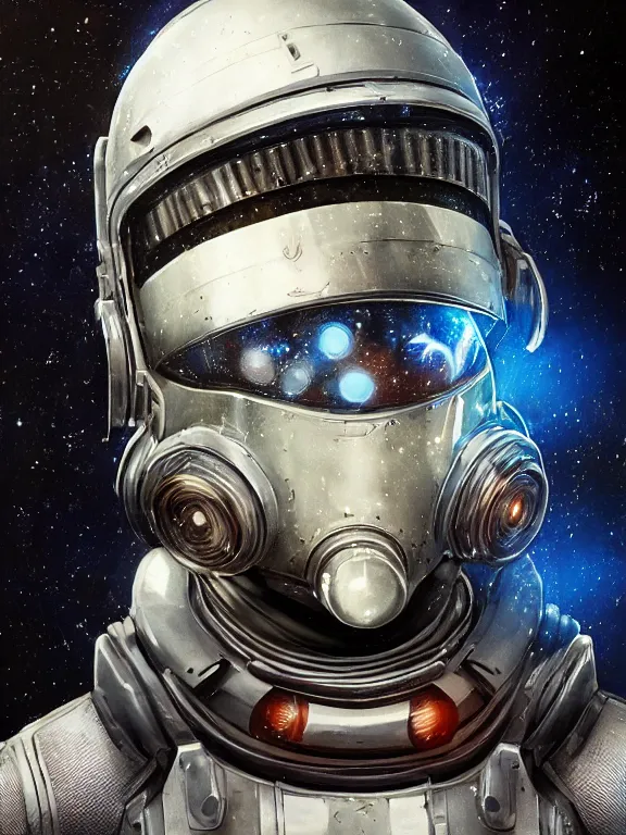 Image similar to portrait art of 8k ultra realistic retro futuristic astronaut, helmet visor open, glow around helmet, deep space , detailed intricate ornate armour,blade runner, cybernetic, full of colour, cinematic lighting, trending on artstation, 4k, hyperrealistic, focused, extreme details,unreal engine 5, cinematic, masterpiece, art by ayami kojima, giger