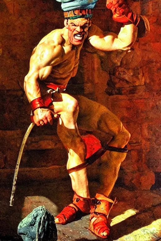 Prompt: popeye as a gladiator in ancient rome, masterpiece, dramatic light and shadow, saturated colors, ciaroscuro. painted by norman rockwell