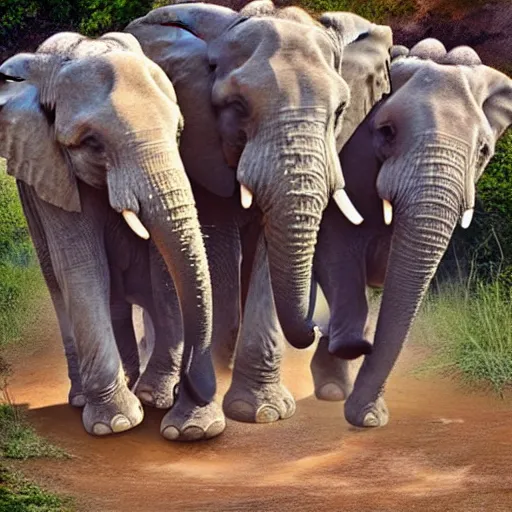 Prompt: three elephants having a cool birthday party, photo, highly detailed