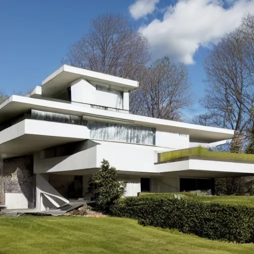 Image similar to second story elevated white brutalist home perched atop 2 equidistant separated large piers, double cantilevered design, large windows, elegant, white stone, proportion, golden ratio, epic composition, steel window mullions, cars parked underneath