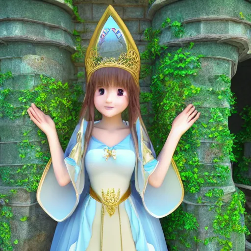 Image similar to a very detailed, ultra-realistic, pleasant, beautiful, funny, smooth 3D CG render, semirealistic anime style, close-up of a gorgeous, cute, gentle, noble priestess magician princess girl wearing dress and jewelry, in a glorious magic kingdom with castle and walls, relaxing calm vibes, fairytale, octane render