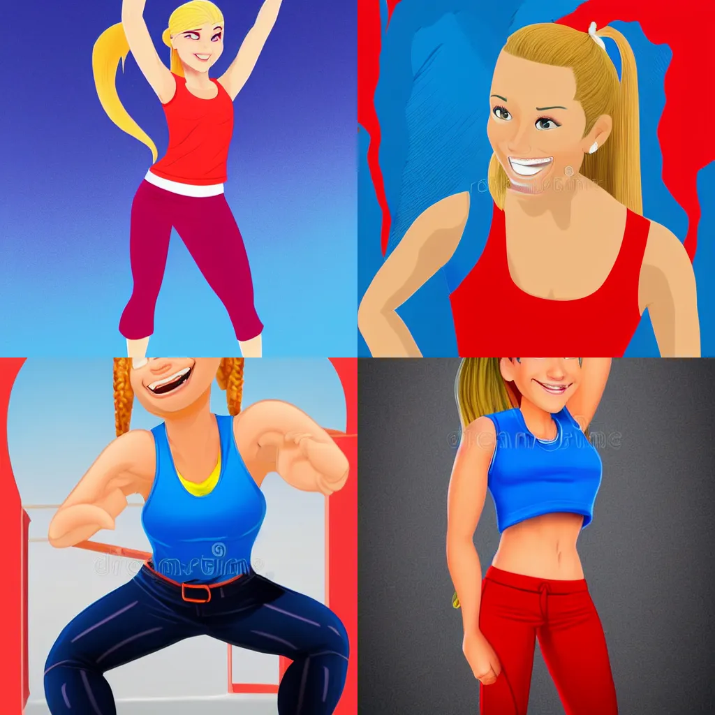 Prompt: photorealistic Disney, an athletic young woman with blonde ponytails, a happy and enthusiastic expression, wearing a red tank top and voluminous blue pants, fantasy sports illustration, character portrait, medium shot