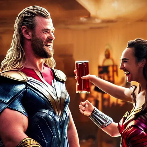 Prompt: cinematic film image of Thor Chris Hemsworth and wonder woman gal gadot laughing having a beer, MCU, DCU, photo realistic, ultra detailed, trending on artstation, concept art, unreal engine render, 16k