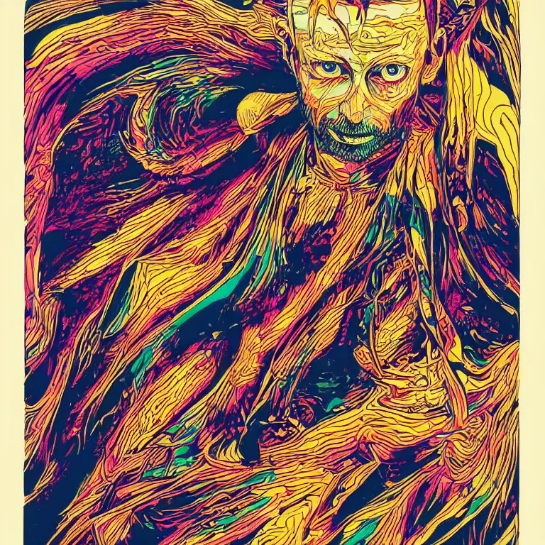 Prompt: beautiful colorful hyperrealist highly detailed psychedelic music poster'zombie thom yorke ', psychedelic art nouveau, beautiful high contrast colored wood engraving, moebius comic style, shocking detail trending on artstation 8 k