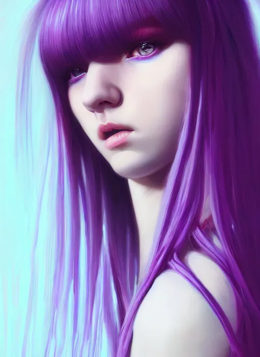 Image similar to hair whitebangs hair, black hair, whitebangs, portrait of teenage girl with white bangs, red irises, purple clothes, white bangs, bangs are different color from hair, intricate, elegant, glowing lights, highly detailed, digital painting, artstation, concept art, smooth, sharp focus, illustration, art by wlop, mars ravelo and greg rutkowski