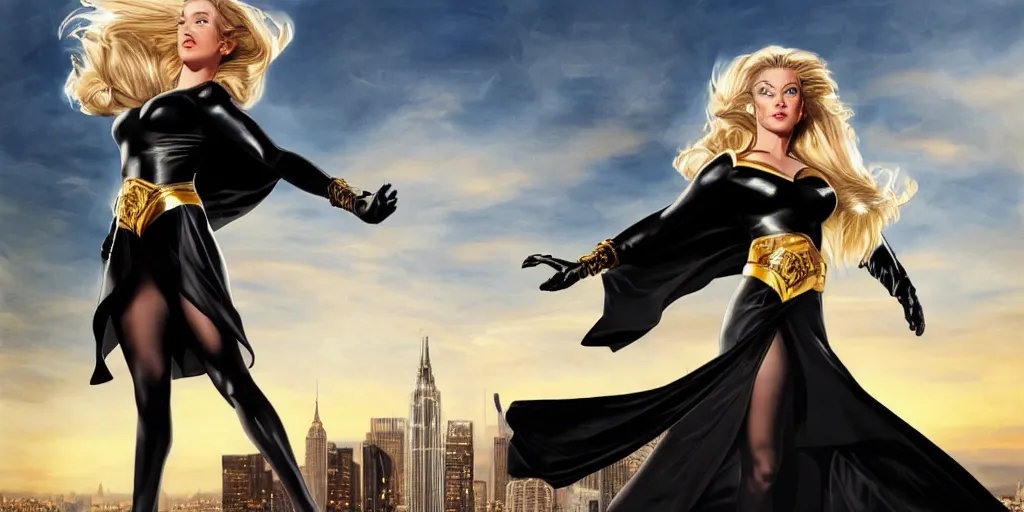Prompt: Alex Ross style painting of a Beautiful blonde female, wearing a black cape with a tight black blouse and a black skirt with a gold belt and long gold gloves, flying through tall sky scrapers Valkyrie , digital art
