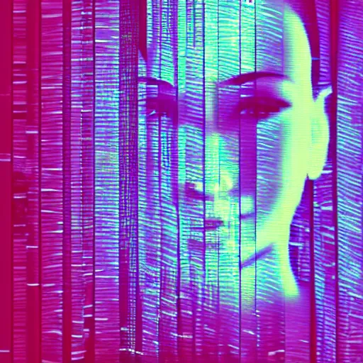 Image similar to video processing vhs glitch art in the silhouette of a woman, ethereal glow,