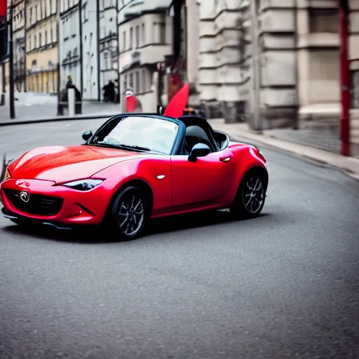 Prompt: a photograph of a rabbit driving a red mazda mx-5 on a street in Stockholm, iso 400