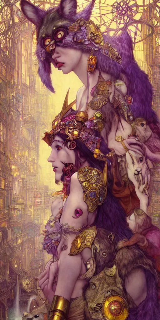 Prompt: hyper realistic Princess Mononoke in her mask, busy metropolis, city landscape, wolves, magic, castle, jewels, style of tom bagshaw, mucha, james gurney, norman rockwell, gems and gold, waterfalls, denoised, sharp, yellow purple colours,