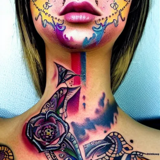 Image similar to tattoo on female face, epic, colorful, beautiful, intricate detail