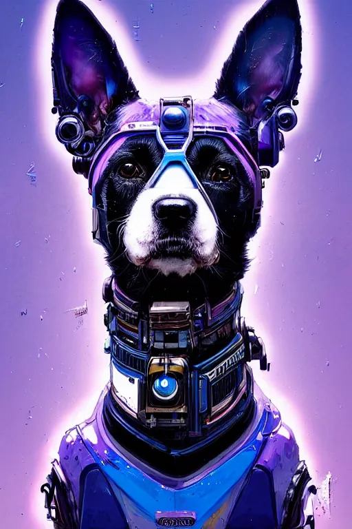 Image similar to a beautiful portrait of a cute cyberpunk dog by sandra chevrier and, greg rutkowski and wlop, purple blue color scheme, high key lighting, volumetric light, digital art, highly detailed, fine detail, intricate, ornate, complex, octane render, unreal engine, photorealistic