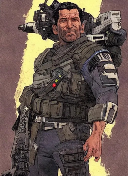 Prompt: apex legends version of the punisher. concept art by james gurney and mœbius.